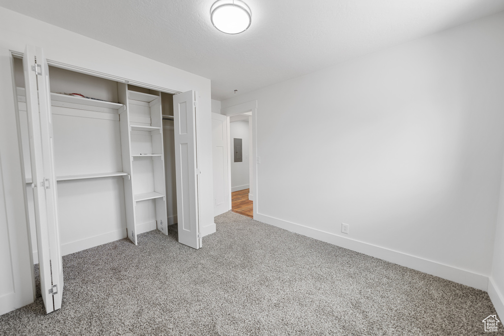 Unfurnished bedroom with carpet floors, a closet, and electric panel