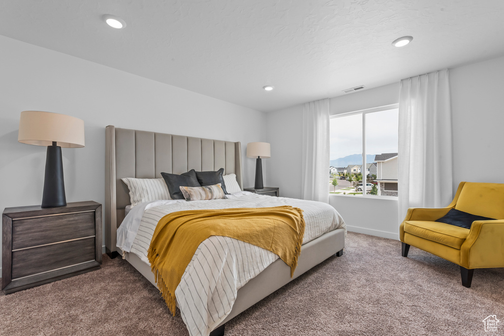 Bedroom featuring baseboards, carpet flooring, visible vents, and recessed lighting