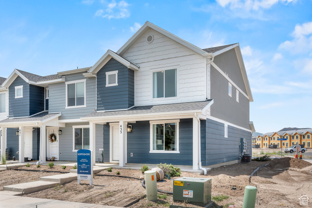 View of front of home featuring roof with shingles