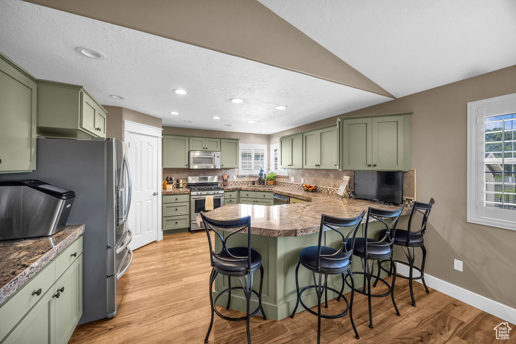 Kitchen featuring green cabinetry, appliances with stainless steel finishes, a peninsula, healthy amount of natural light, and recessed lighting