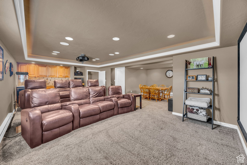 Home theater with a tray ceiling, carpet, baseboards, and recessed lighting