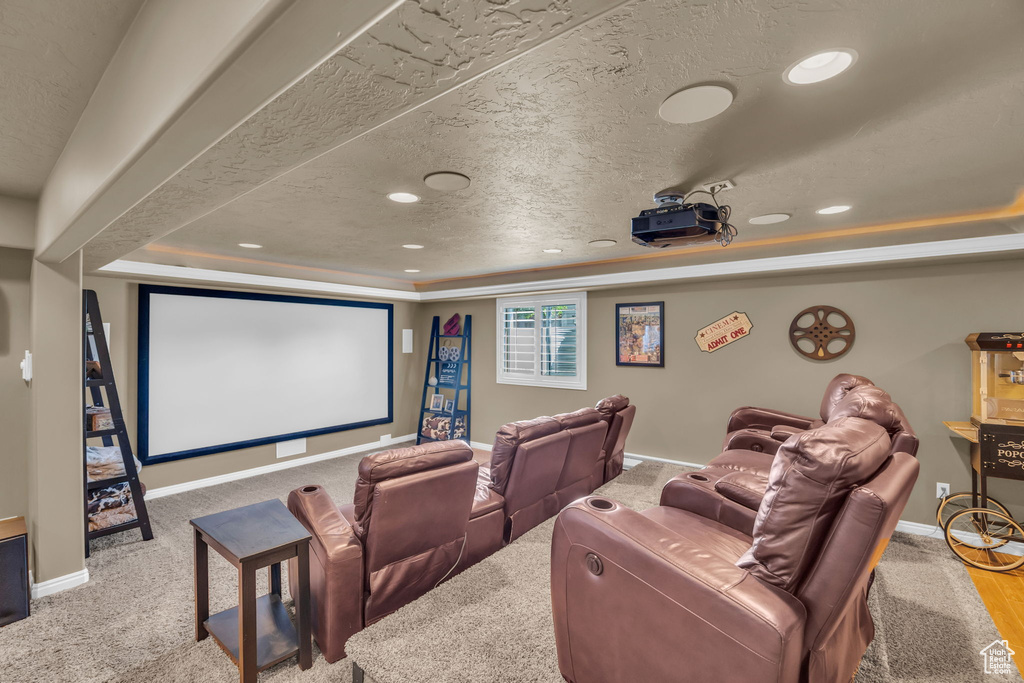 Home theater room featuring recessed lighting, a raised ceiling, baseboards, carpet, and a textured ceiling