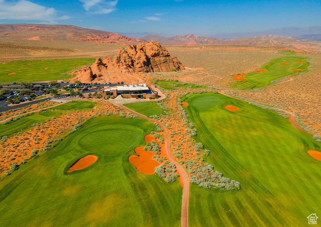 Drone / aerial view featuring a mountain view and golf course view
