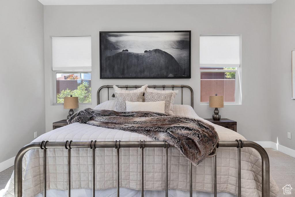 Bedroom with carpet flooring, multiple windows, and baseboards