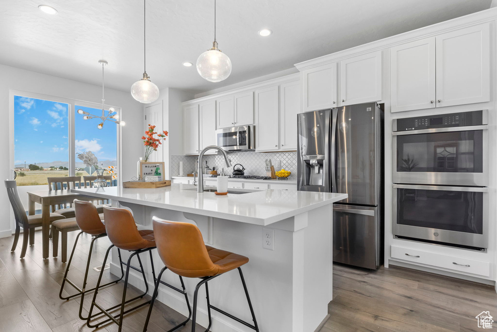 Kitchen with backsplash, appliances with stainless steel finishes, a sink, an island with sink, and wood finished floors