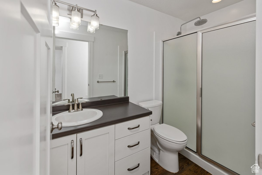 Bathroom with toilet, a stall shower, wood finished floors, and vanity