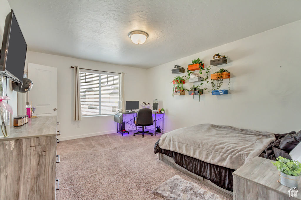 Bedroom featuring light carpet, a textured ceiling, and baseboards