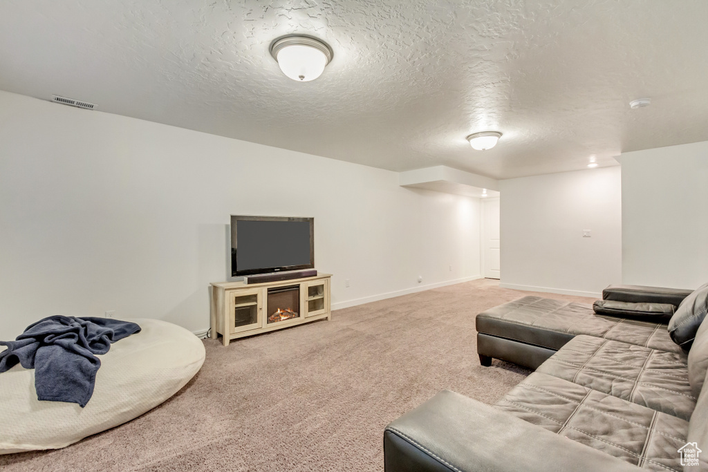 Carpeted living area featuring visible vents, a textured ceiling, and baseboards