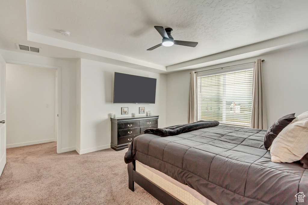 Bedroom featuring a tray ceiling, light colored carpet, visible vents, ceiling fan, and baseboards