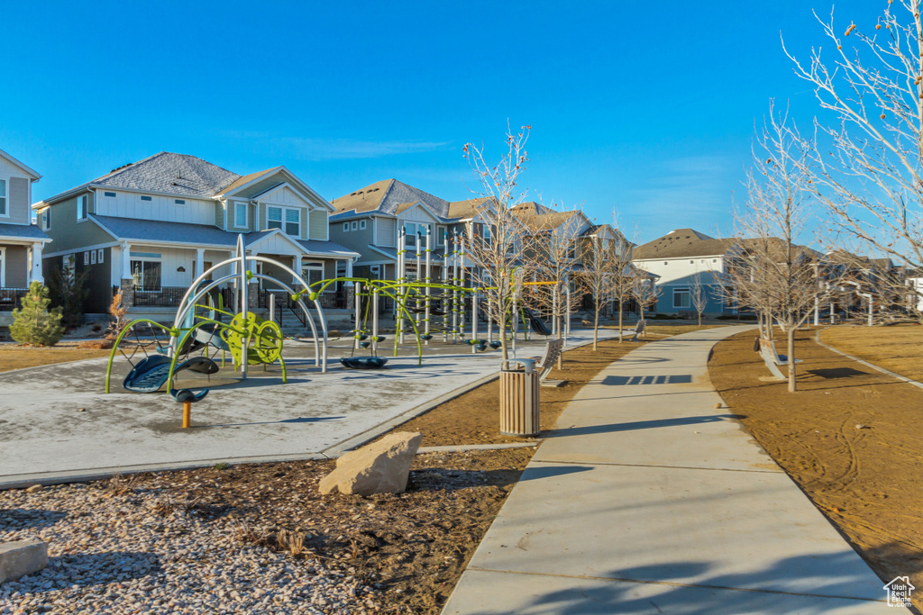 Community playground with a residential view