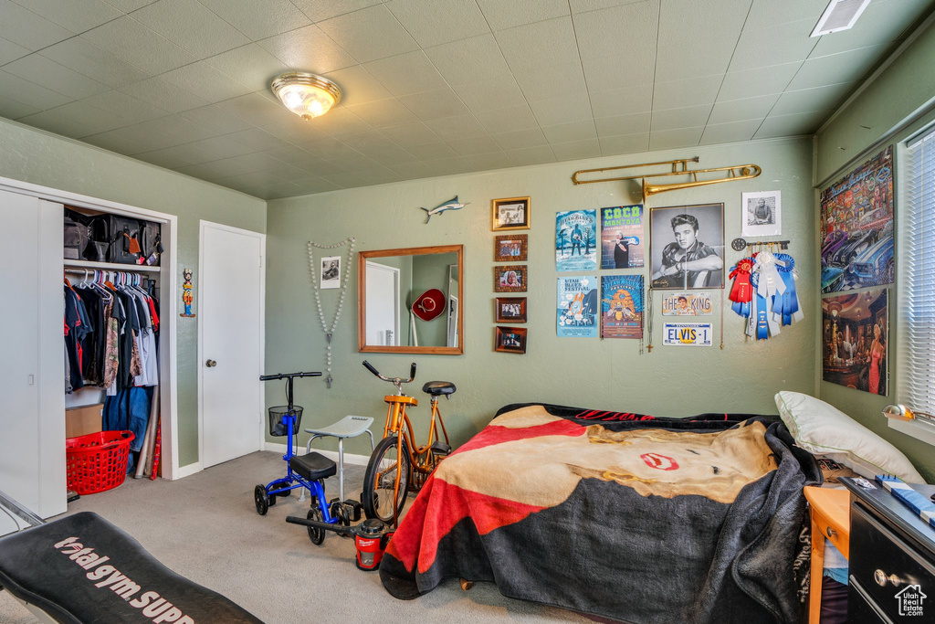 Carpeted bedroom featuring a closet