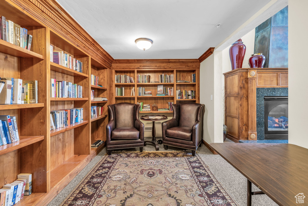 Sitting room featuring a premium fireplace and built in shelves
