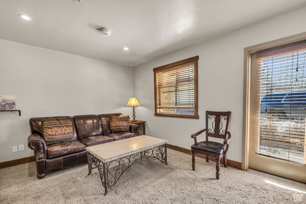 Living room with carpet floors, healthy amount of natural light, and recessed lighting
