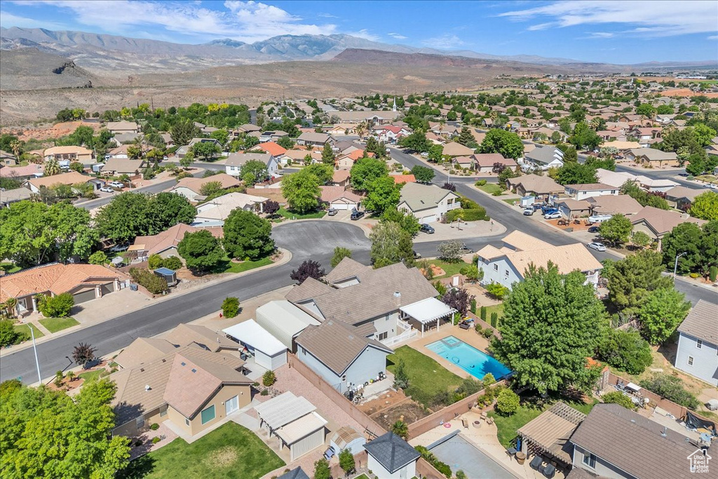 Aerial perspective of suburban area featuring mountains