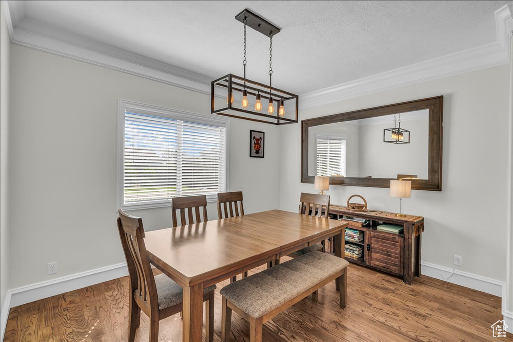 Dining area featuring crown molding, light wood-type flooring, baseboards, and healthy amount of natural light