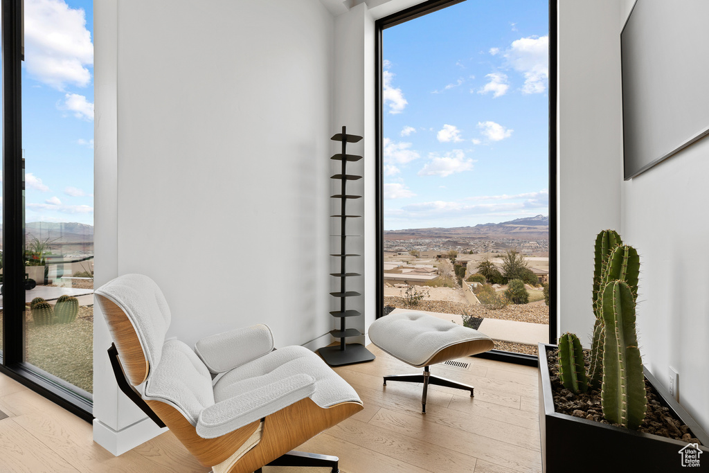 Sitting room with expansive windows, light wood finished floors, a mountain view, and a wealth of natural light