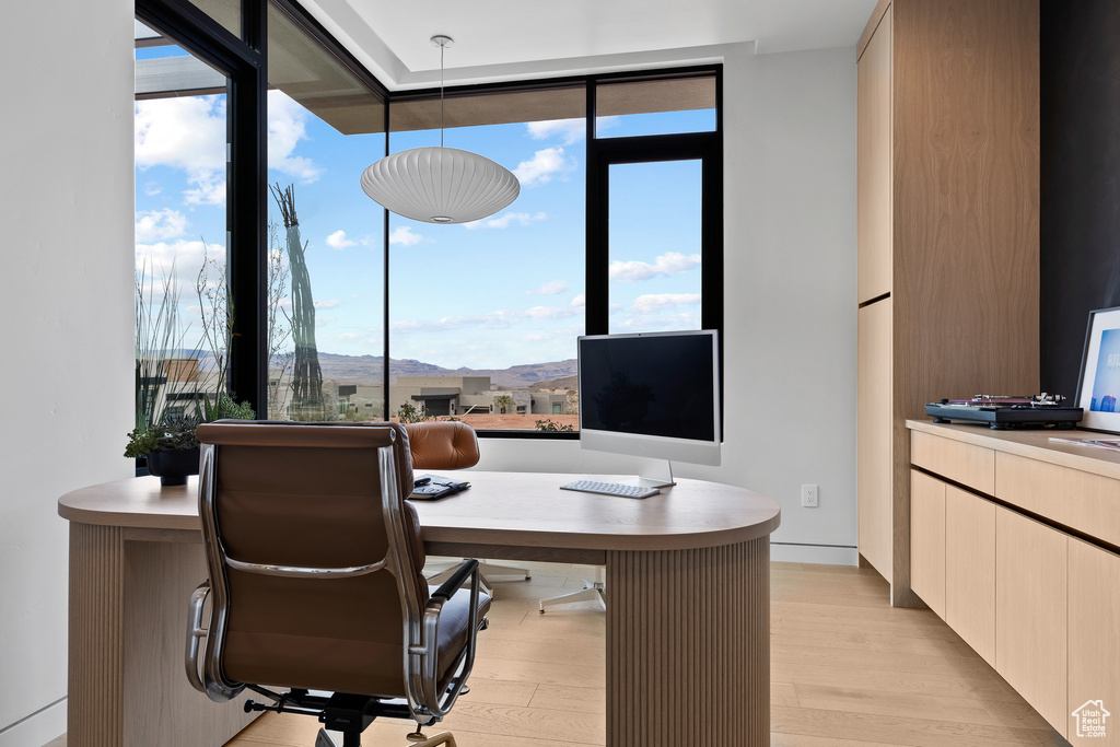 Home office with light wood-type flooring