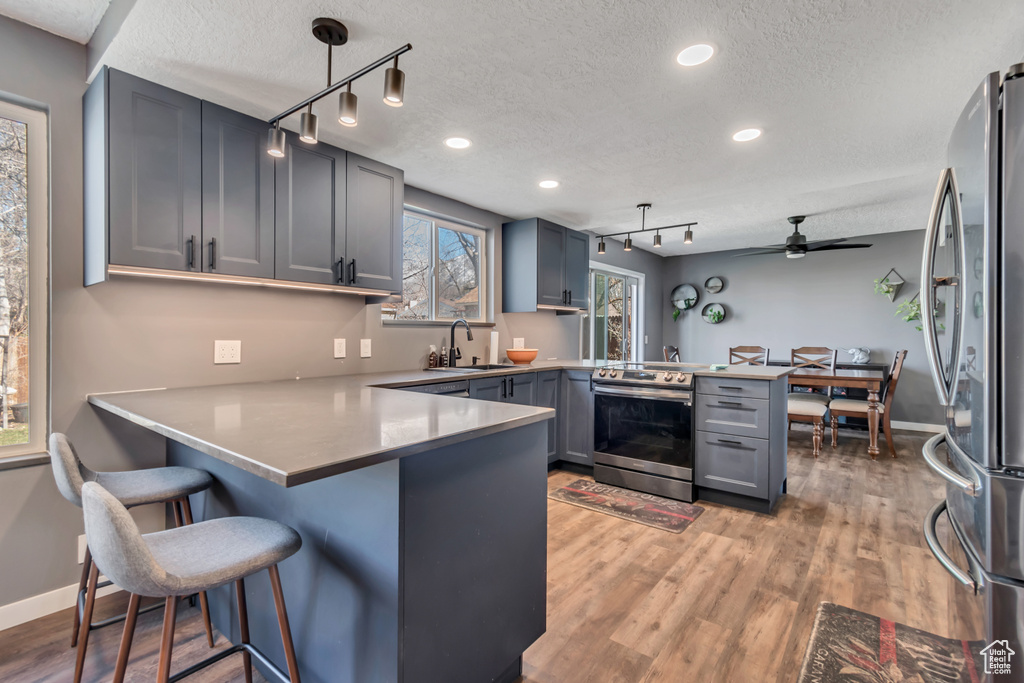 Kitchen with a peninsula, light wood-style flooring, stainless steel appliances, and a sink