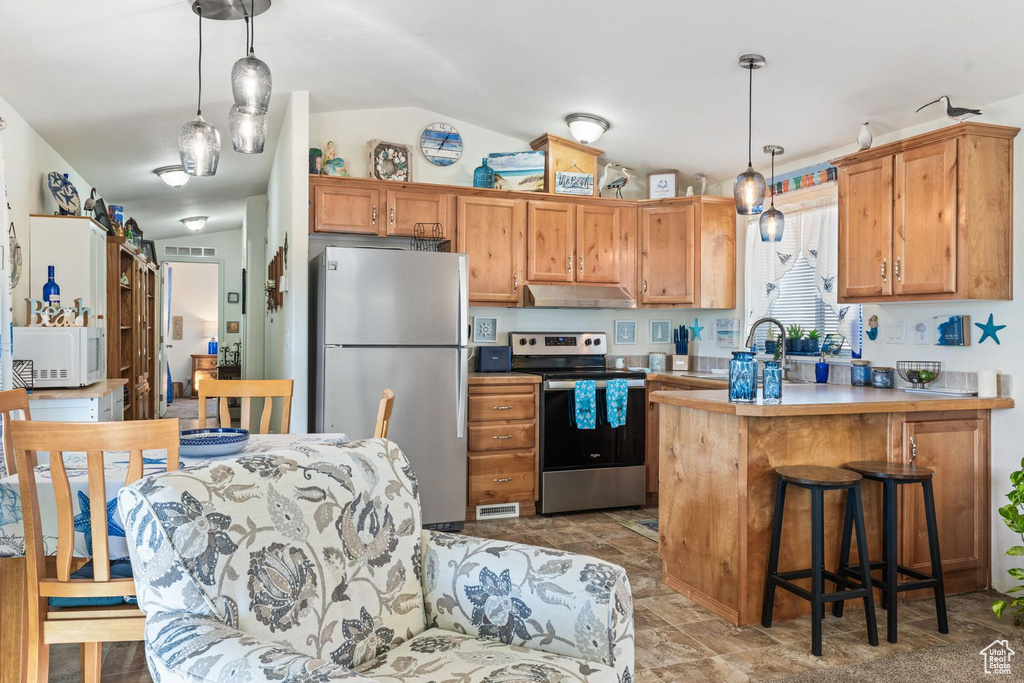 Kitchen featuring stainless steel appliances, lofted ceiling, under cabinet range hood, and a peninsula