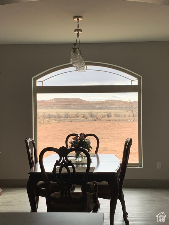 Dining area featuring light wood finished floors and baseboards