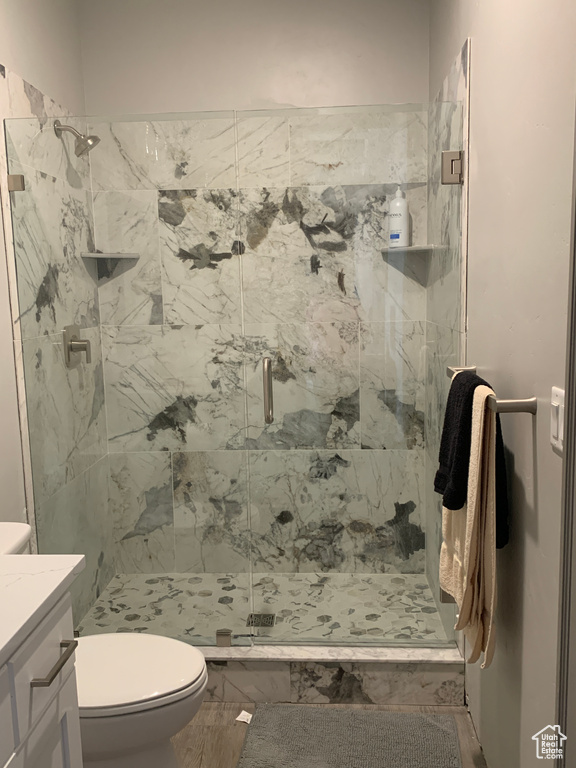 Full bath with vanity, a shower stall, and toilet