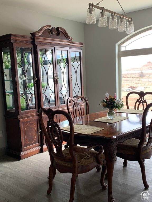 Dining space with plenty of natural light and wood finished floors
