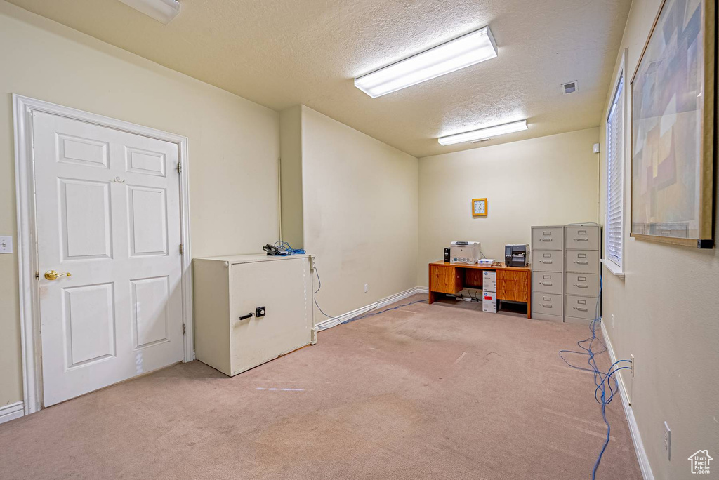Office space featuring visible vents, light carpet, a textured ceiling, and baseboards