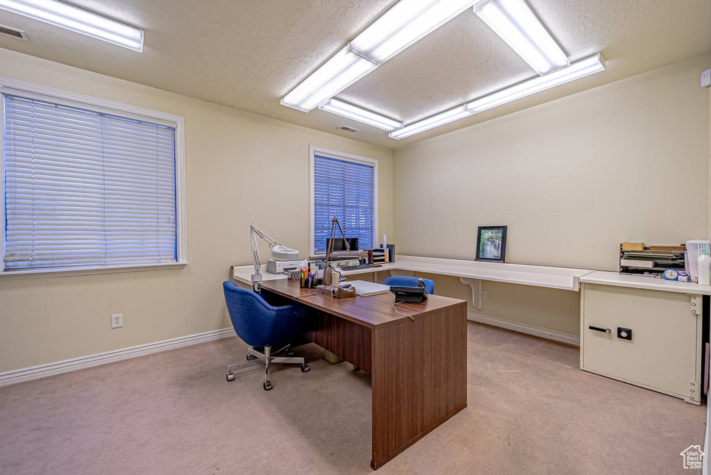 Office featuring baseboards, light colored carpet, visible vents, and a textured ceiling