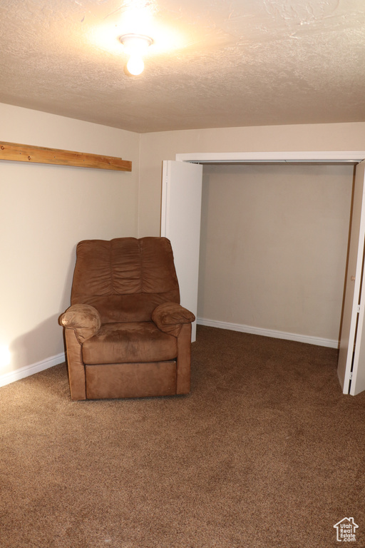 Living area with carpet flooring, a textured ceiling, and baseboards