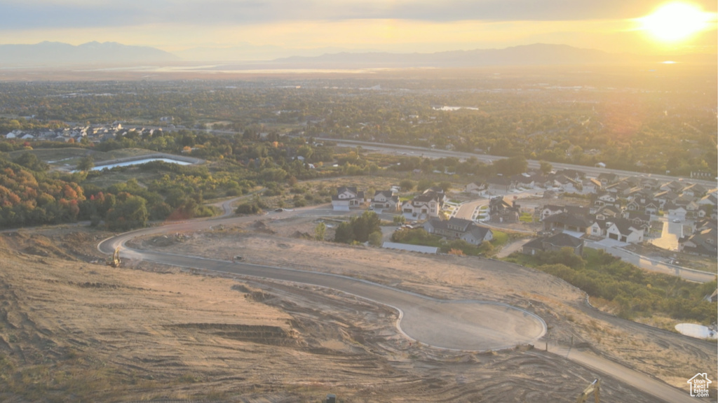 Aerial view at dusk with a mountain view