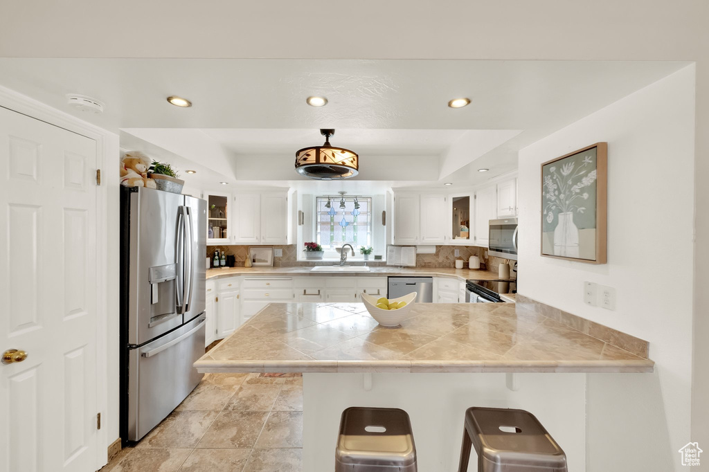 Kitchen with a peninsula, a kitchen bar, a tray ceiling, a sink, and appliances with stainless steel finishes