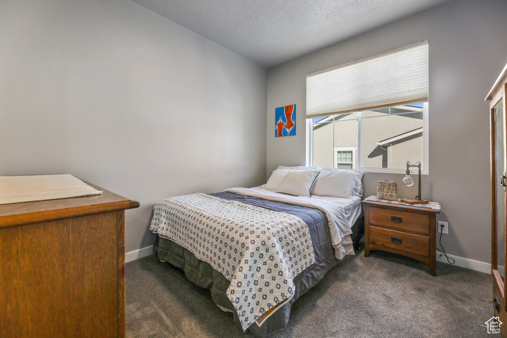 Bedroom featuring dark carpet, a textured ceiling, and baseboards