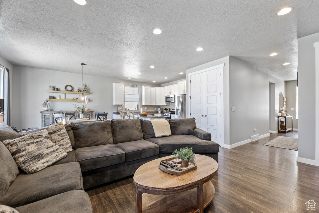 Living area featuring visible vents, baseboards, dark wood finished floors, a textured ceiling, and recessed lighting
