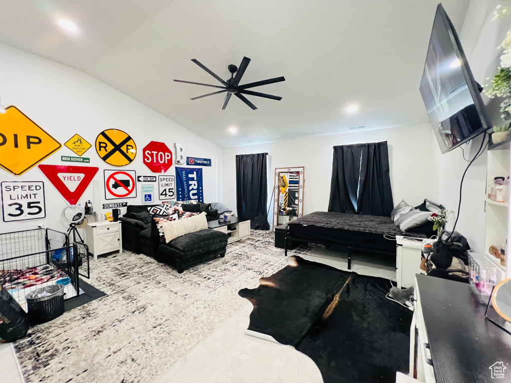 Bedroom featuring a ceiling fan, lofted ceiling, visible vents, and recessed lighting