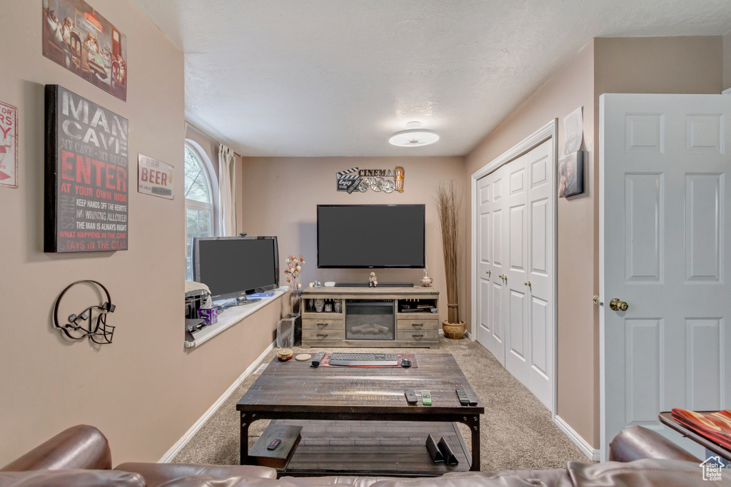 Carpeted living room with baseboards