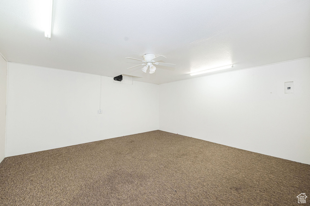 Unfurnished room featuring a ceiling fan and carpet
