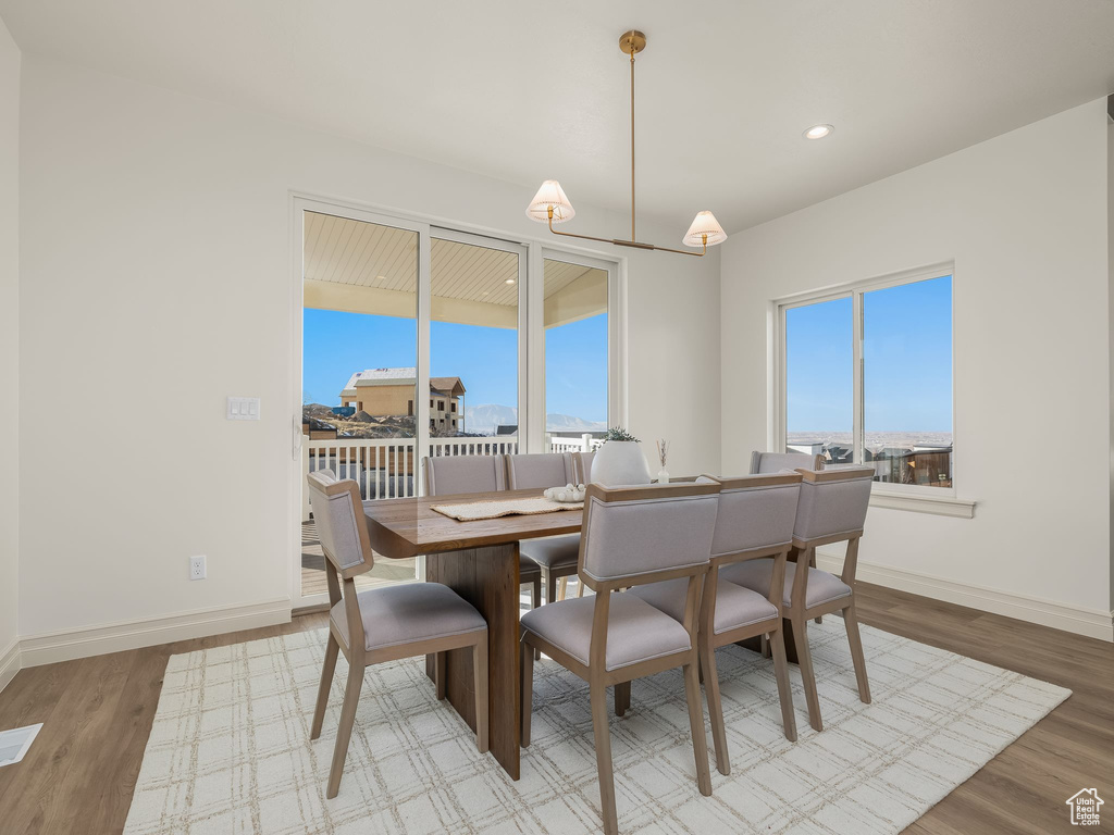 Dining room featuring baseboards, wood finished floors, and recessed lighting