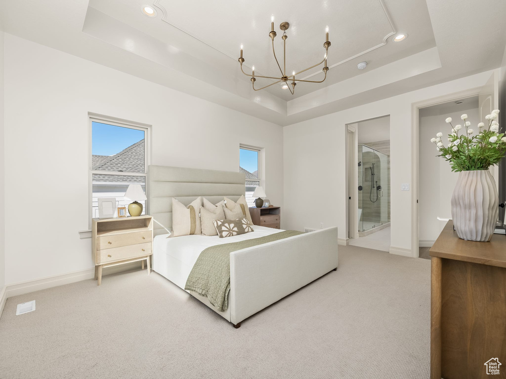 Bedroom with carpet and a raised ceiling