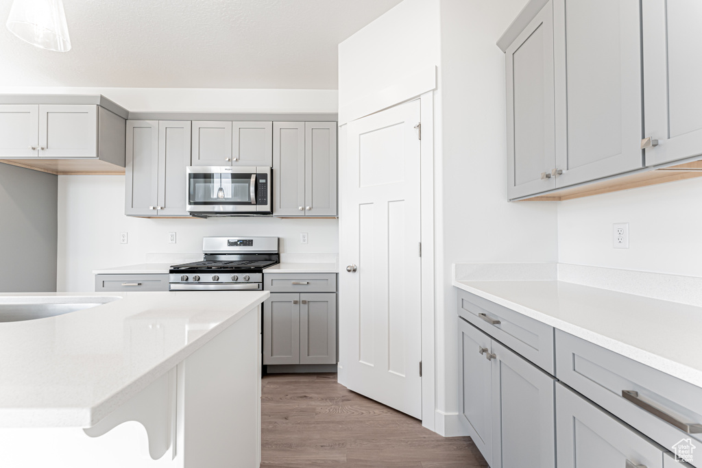 Kitchen with stainless steel appliances, gray cabinetry, light wood-type flooring, and light countertops