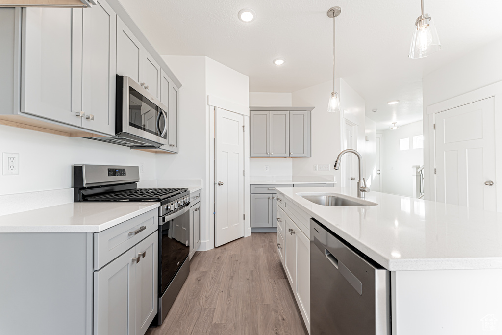 Kitchen featuring stainless steel appliances, light wood-type flooring, gray cabinetry, recessed lighting, and a center island with sink