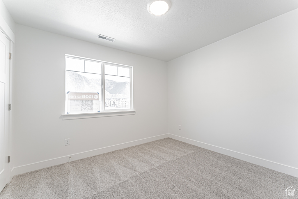 Carpeted empty room featuring a textured ceiling and baseboards