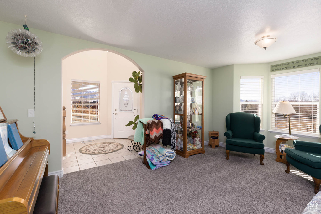 Living area featuring baseboards, carpet, arched walkways, and tile patterned flooring