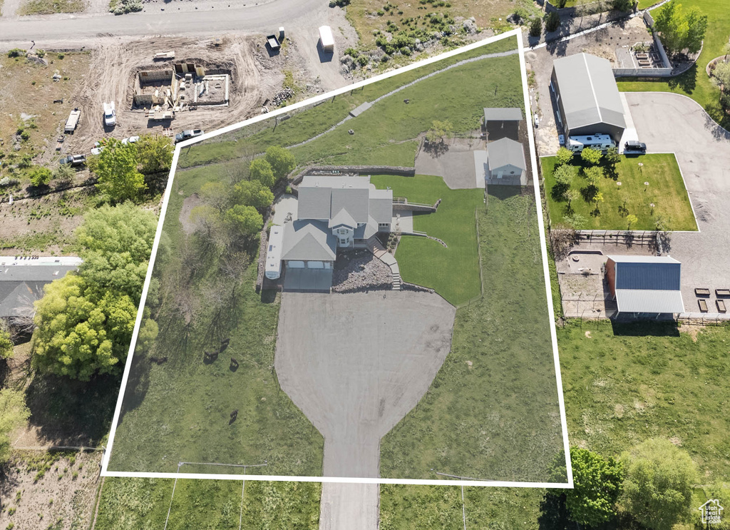 Aerial overview of property's location featuring property parcel outlined