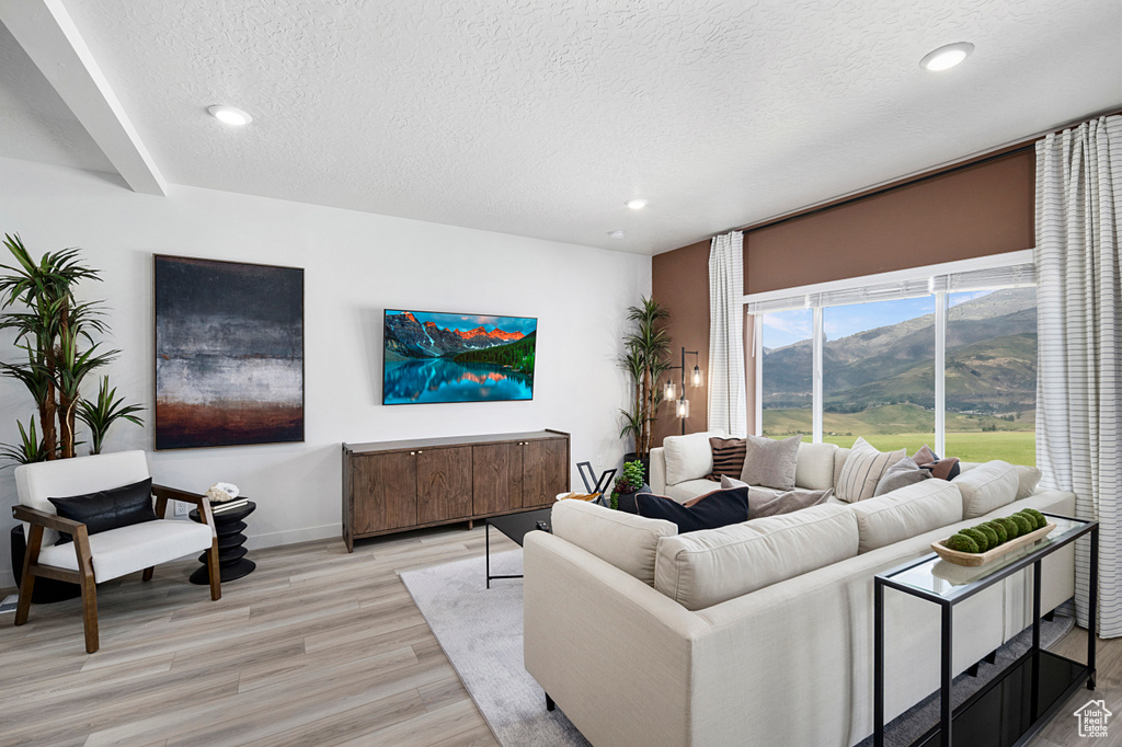 Living room featuring light wood-style floors, baseboards, a textured ceiling, and recessed lighting