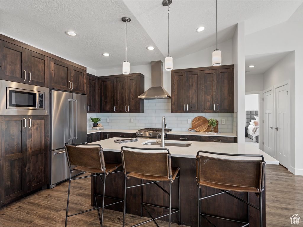 Kitchen with stainless steel appliances, dark wood-type flooring, vaulted ceiling, and wall chimney range hood