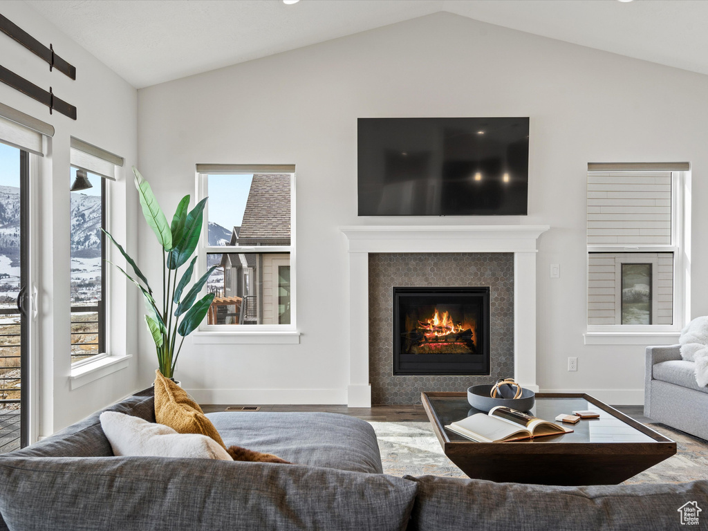 Living area featuring lofted ceiling, wood finished floors, a glass covered fireplace, and baseboards