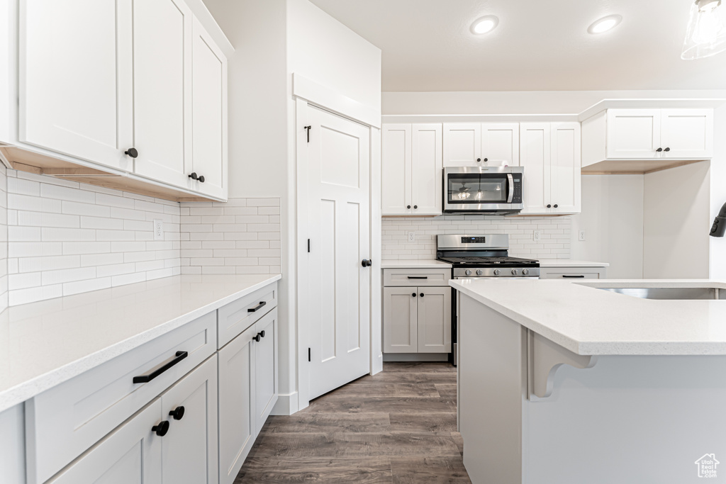 Kitchen featuring stainless steel microwave, dark wood-type flooring, recessed lighting, backsplash, and light countertops