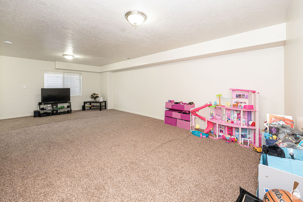 Recreation room featuring carpet floors, baseboards, and a textured ceiling