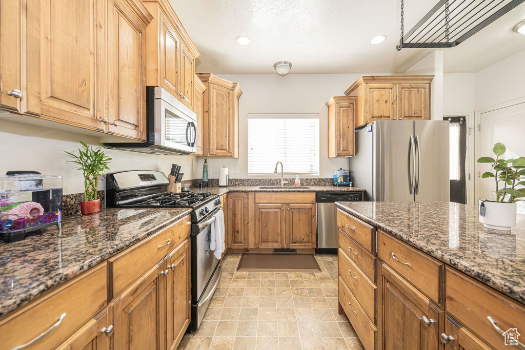 Kitchen featuring stainless steel appliances, dark stone countertops, a sink, and recessed lighting