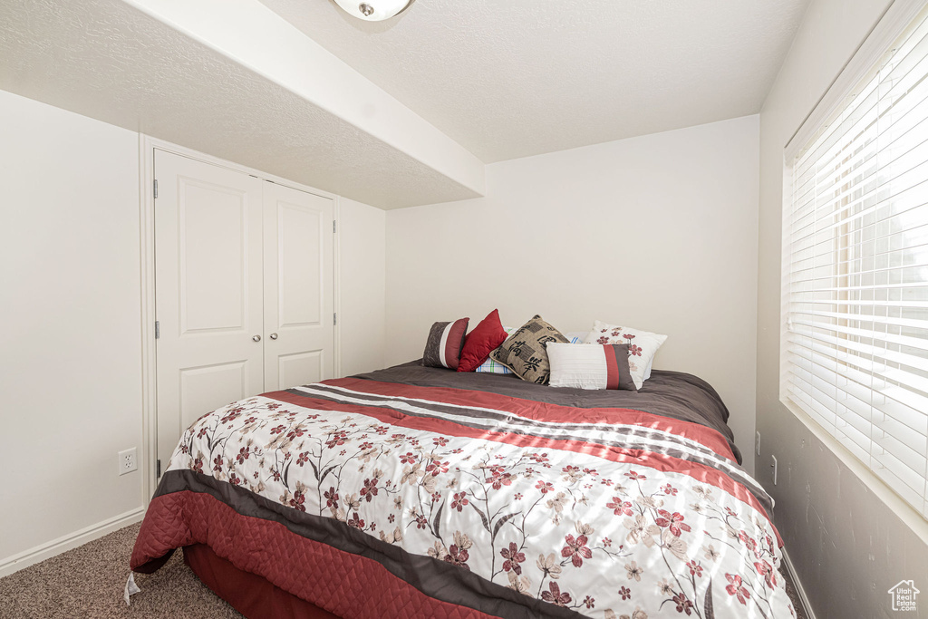 Carpeted bedroom featuring a textured ceiling, baseboards, and a closet
